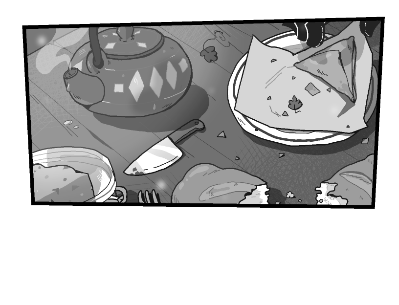 Various half eaten foods and a steaming kettle lay on a table. Siffrin's hand peeks into the frame, reaching for the last samosa.