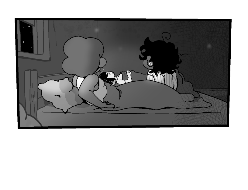 Mirabelle and Bonnie turn around, revealing Odile in her own bed behind them, staring up at the ceiling flatly.