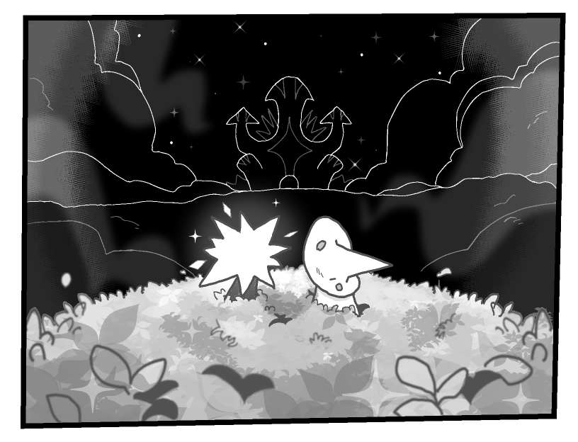 Loop and Siffrin sit in the canopy of the Favor Tree. They gaze at the horizon, where the House looms large under a night sky.