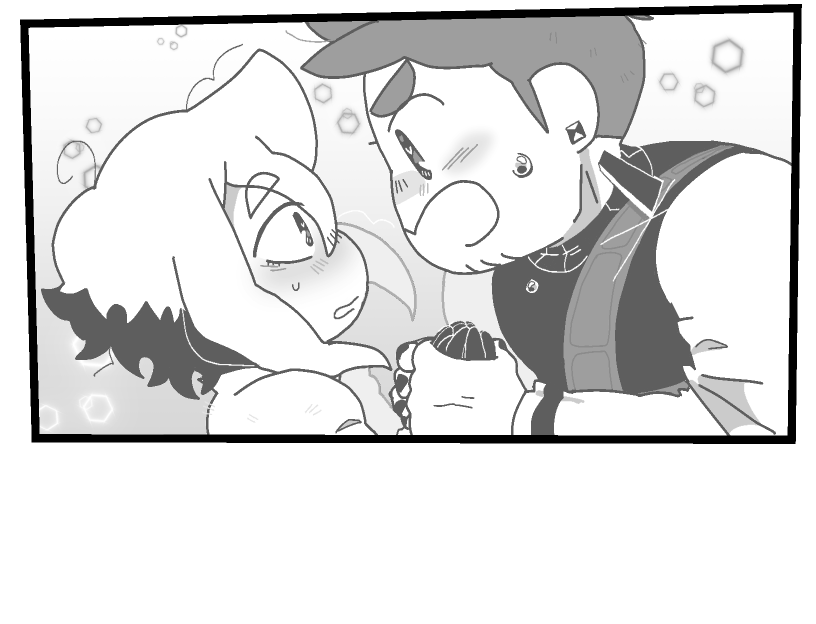 Isabeau holds Siffrin's hands tightly. He's leaning forward, nearly pressed against Siffrin's face. Siffrin stands still with a surprised look. Both of them are blushing with hearts in their eyes.