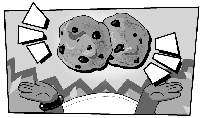 Image ID: Bonnie holding up two chocolate chip cookies. End ID.